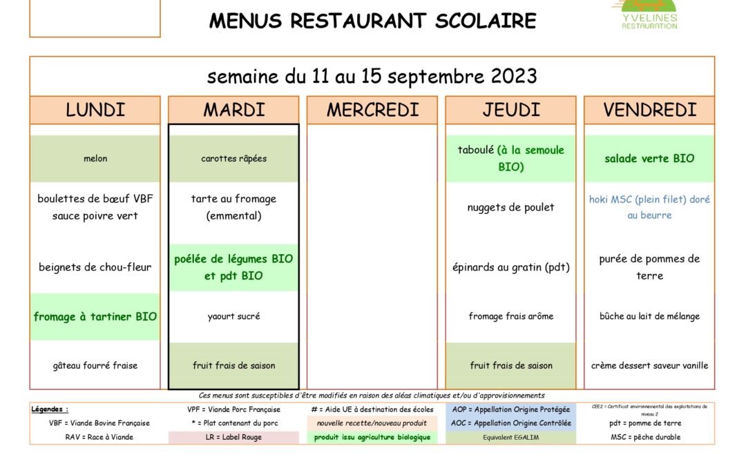 Menus du 11 au 15 septembre 2023