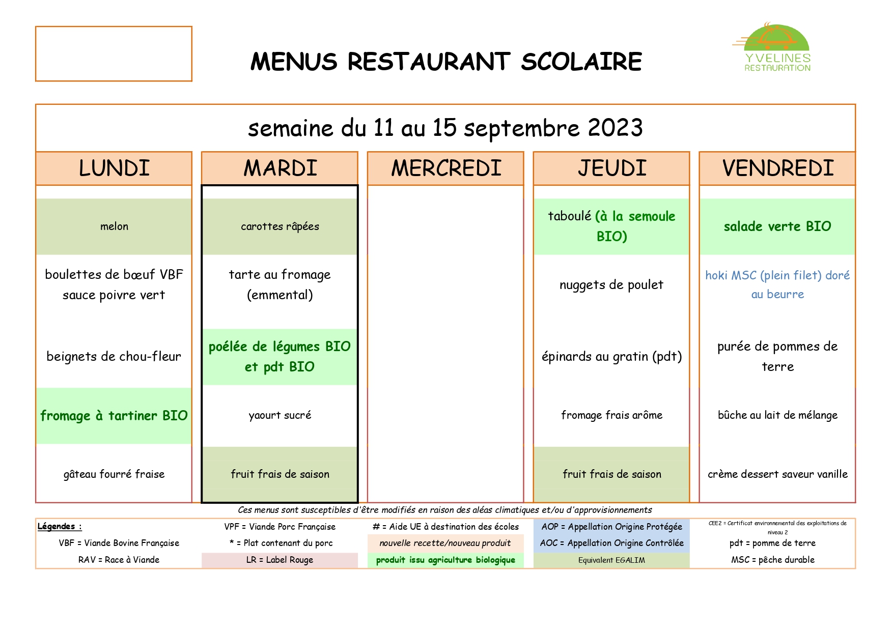 Menus du 11 au 15 sept 2023