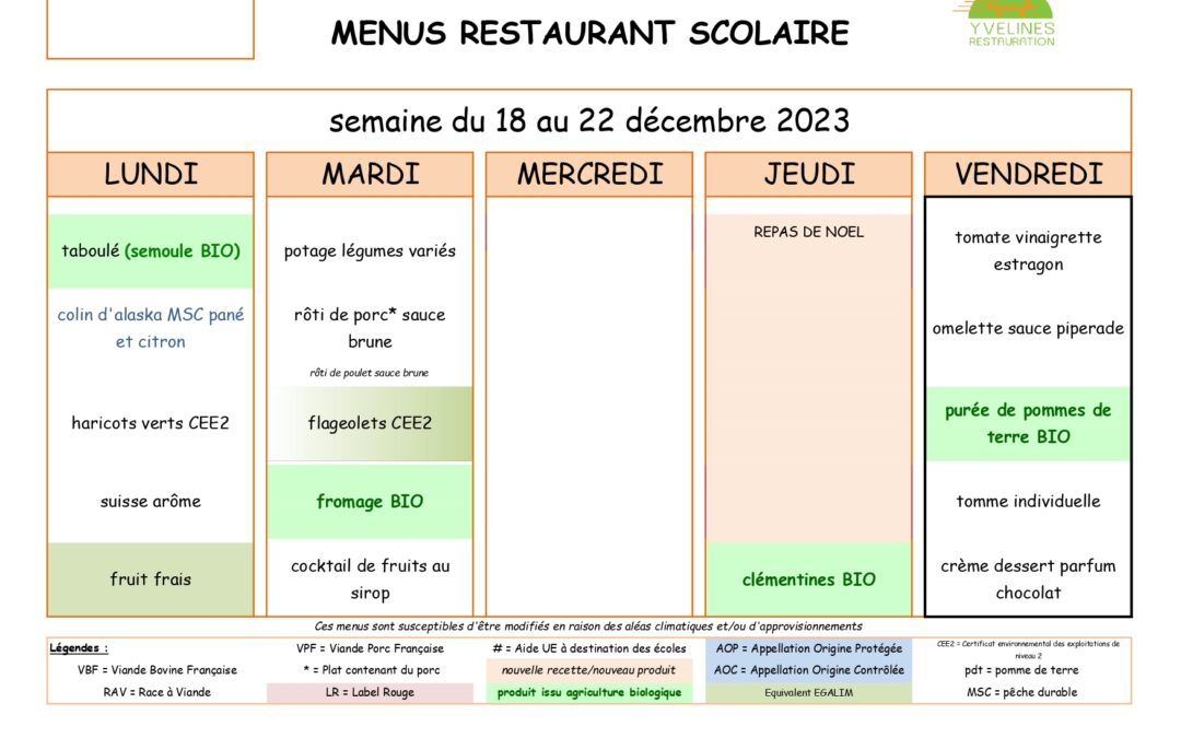Menus du 18 au 22 septembre 2023