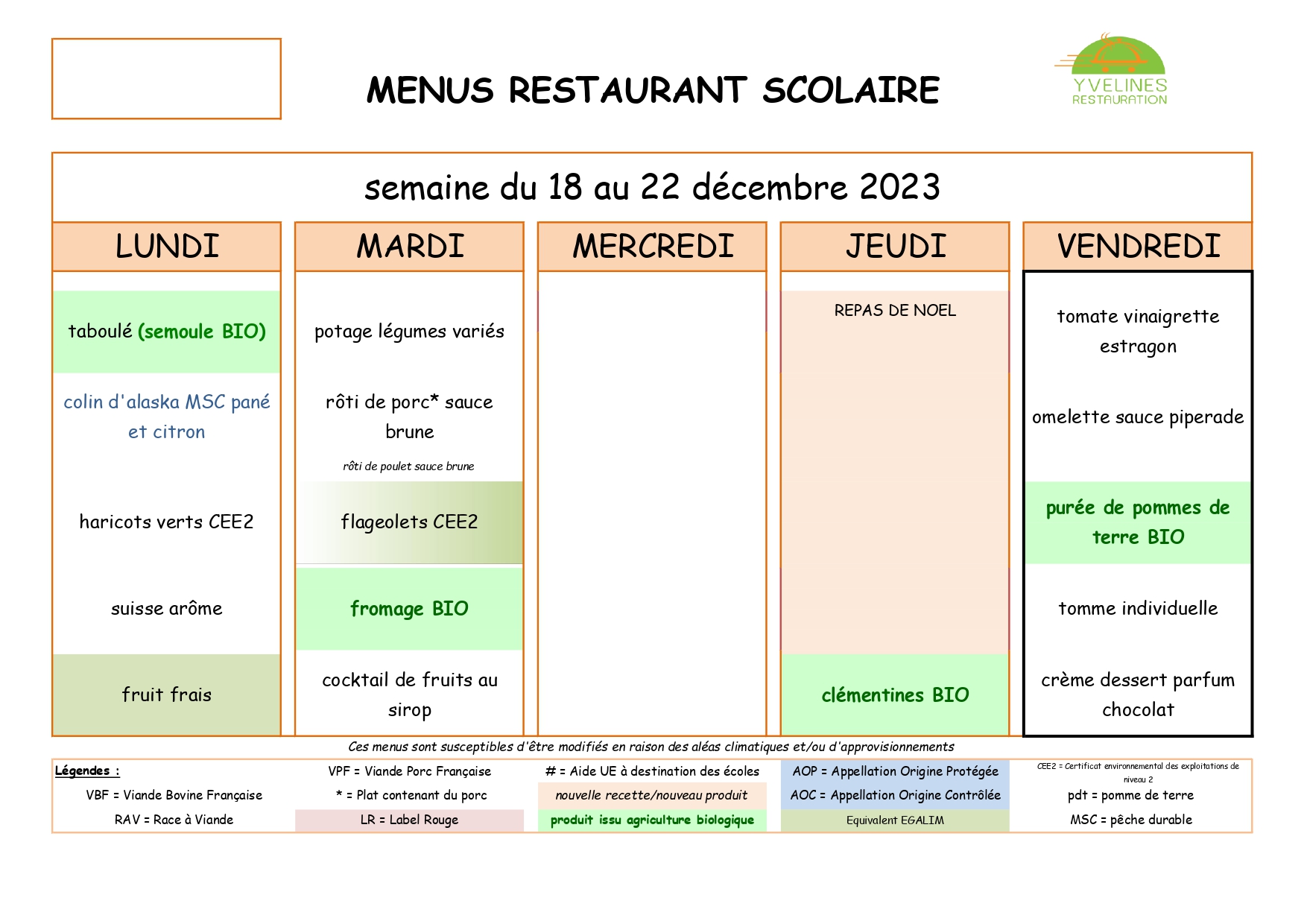 Menus du 18 au 22 décembre 2023
