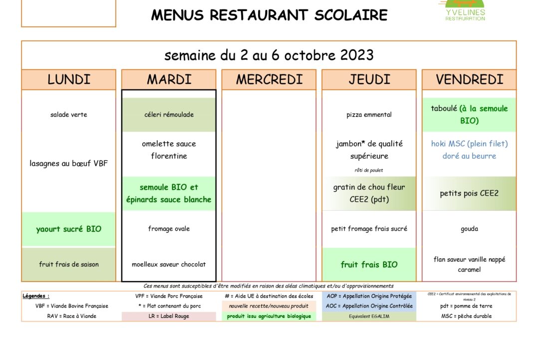 Menus du 02 au 06 octobre 2023
