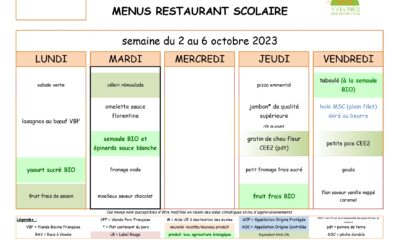 Menus du 02 au 06 octobre 2023
