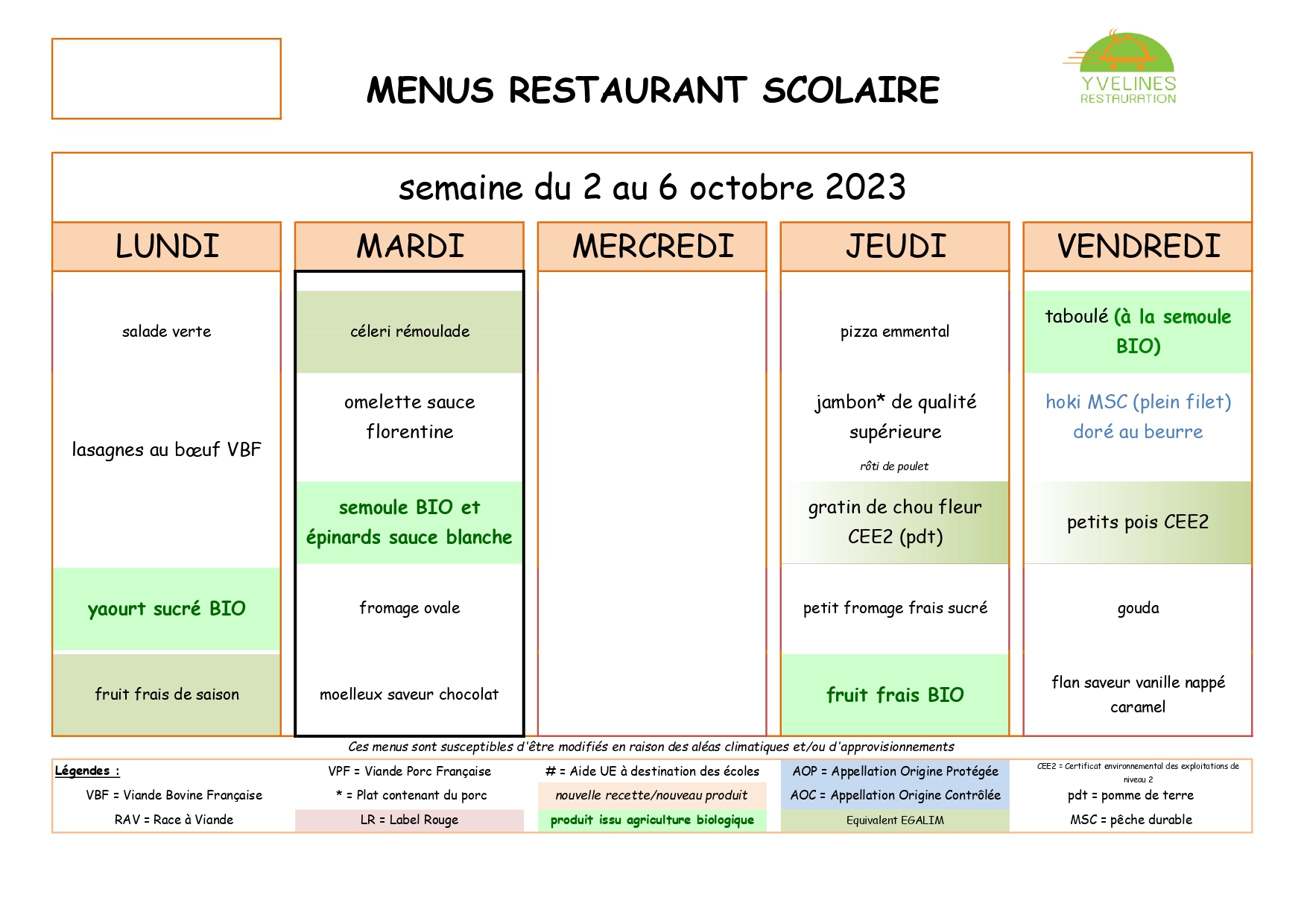 Menus du 2 au 6 octobre 2023