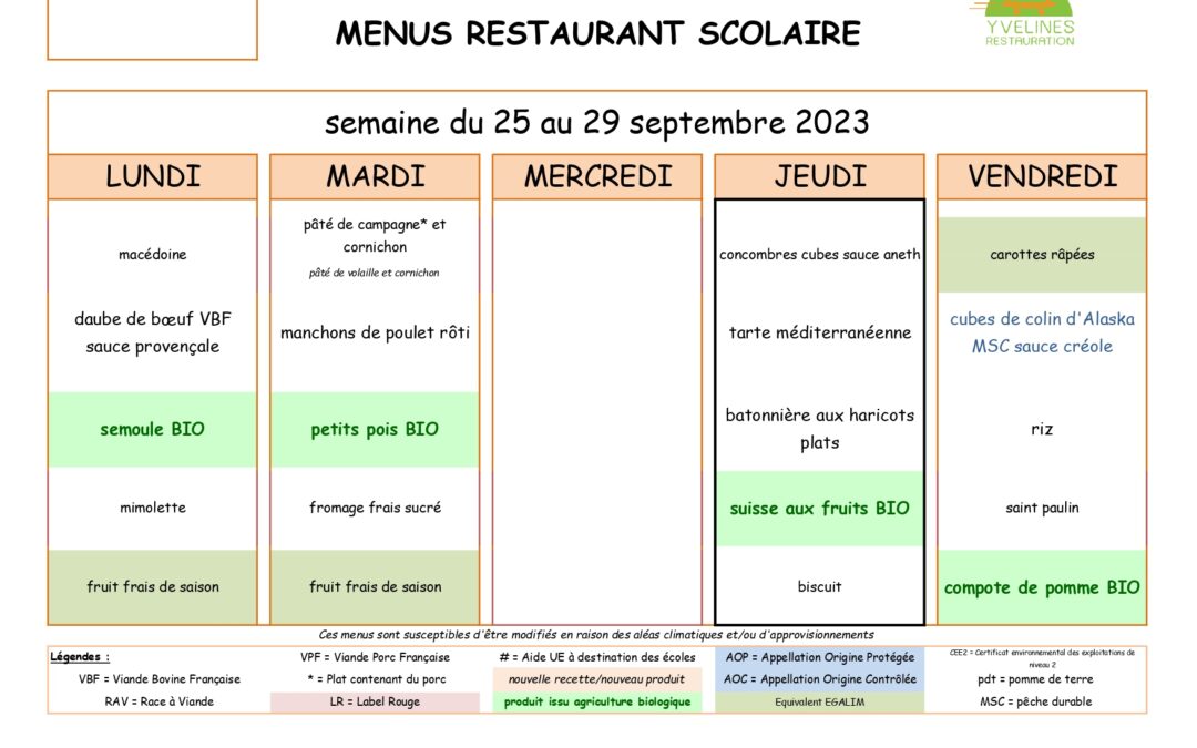 Menus du 25 au 29 septembre 2023