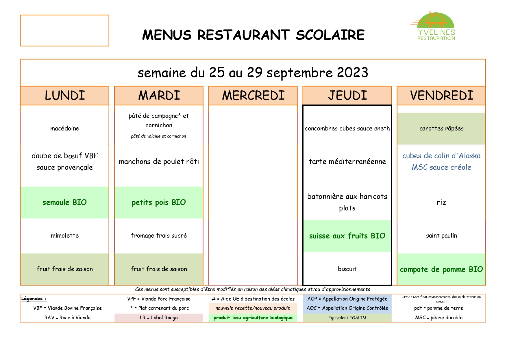 Menus du 25 au 29 sept 2023